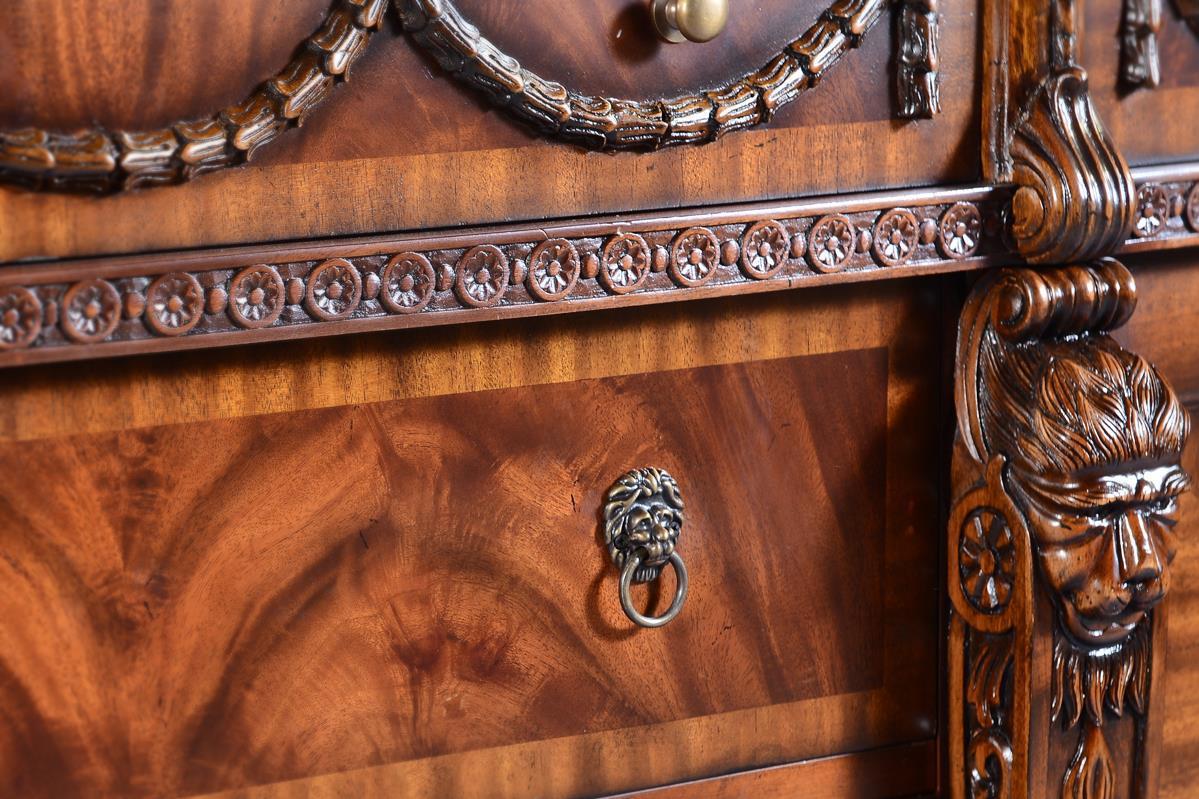 Sideboard Tudor Renaissance Carved Lion Heads Cameos, Flame mahogany, Brass-Image 5