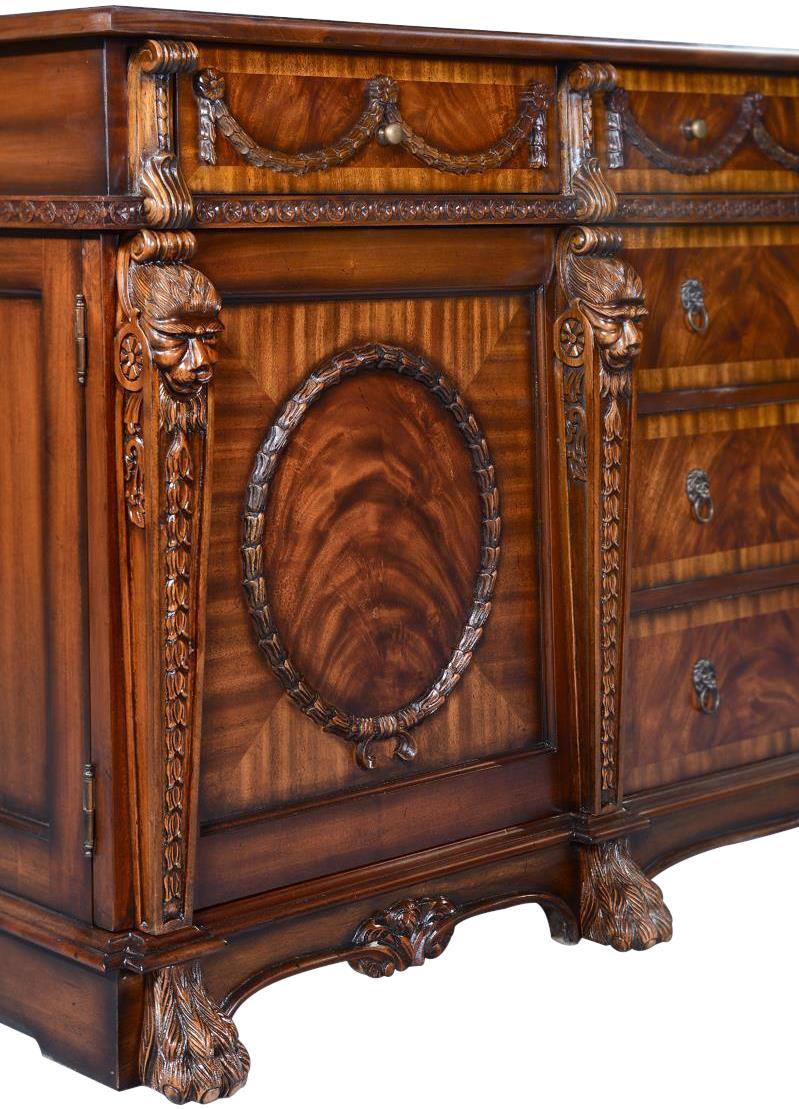 Sideboard Tudor Renaissance Carved Lion Heads Cameos, Flame mahogany, Brass-Image 4