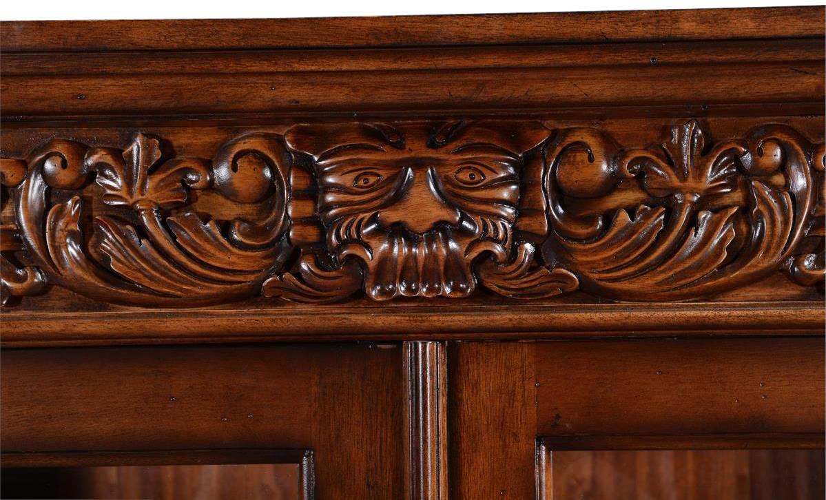 Bookcase Carved Lion Heads Claw Foot Mahogany, Antiqued Hardware, 2 Door Drawers-Image 2