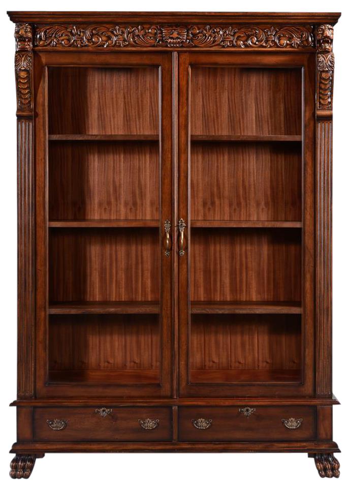 Bookcase Carved Lion Heads Claw Foot Mahogany, Antiqued Hardware, 2 Door Drawers-Image 3