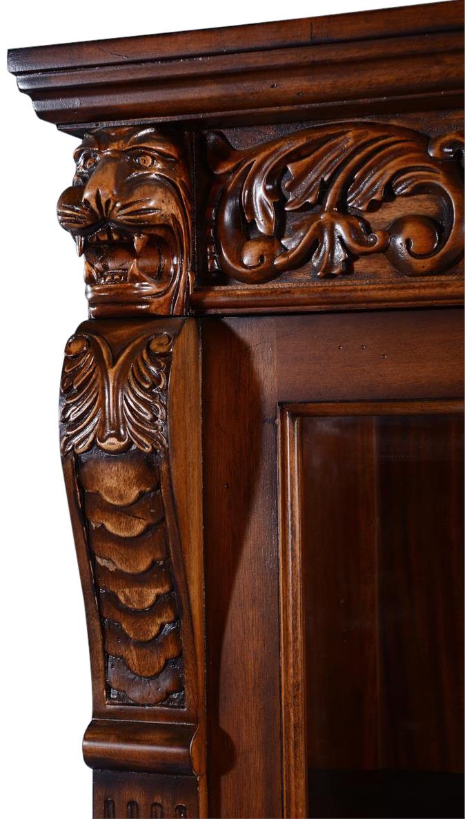Bookcase Carved Lion Heads Claw Foot Mahogany, Antiqued Hardware, 2 Door Drawers-Image 4