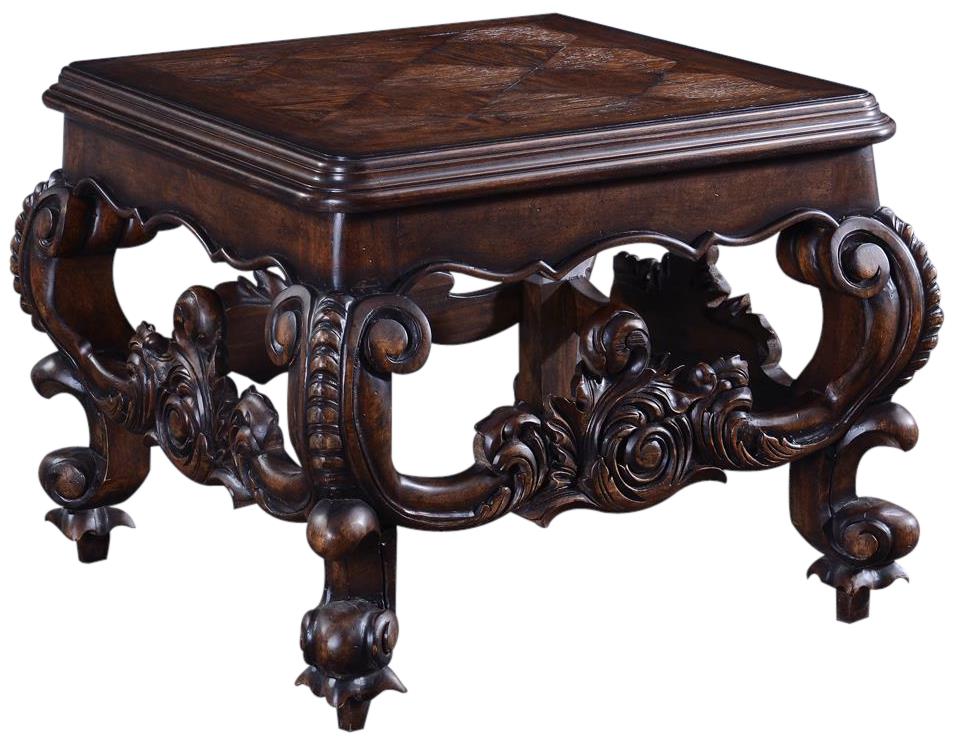End Table Baroque Rococo Carved Wood, Distressed Walnut, Oak Parquet, Square-Image 1