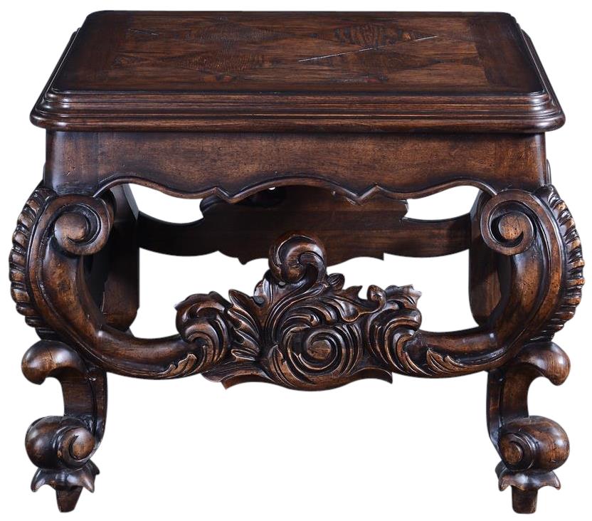 End Table Baroque Rococo Carved Wood, Distressed Walnut, Oak Parquet, Square-Image 2