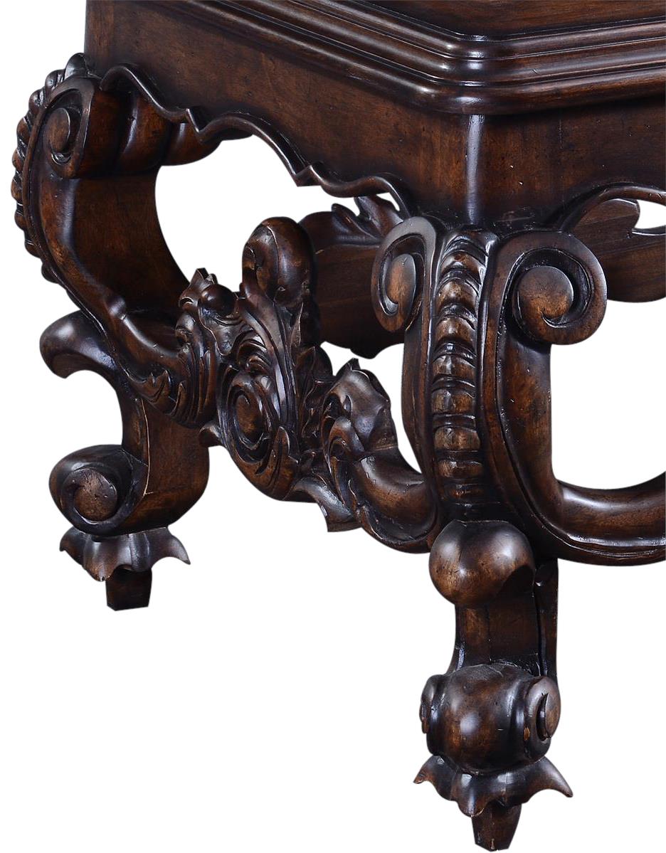 End Table Baroque Rococo Carved Wood, Distressed Walnut, Oak Parquet, Square-Image 3