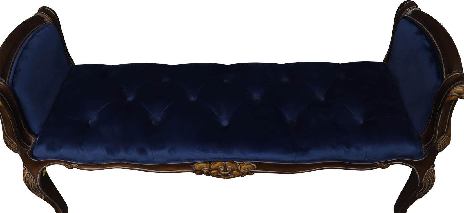 Window Bench French Carved Wood Gold Medallion Blue Velvet Serpentine Arms-Image 1