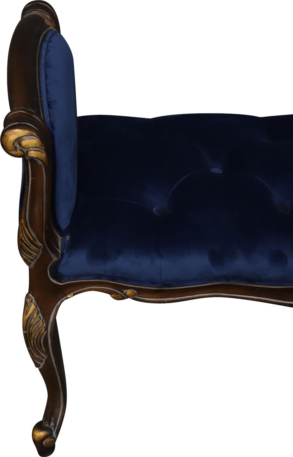 Window Bench French Carved Wood Gold Medallion Blue Velvet Serpentine Arms-Image 2