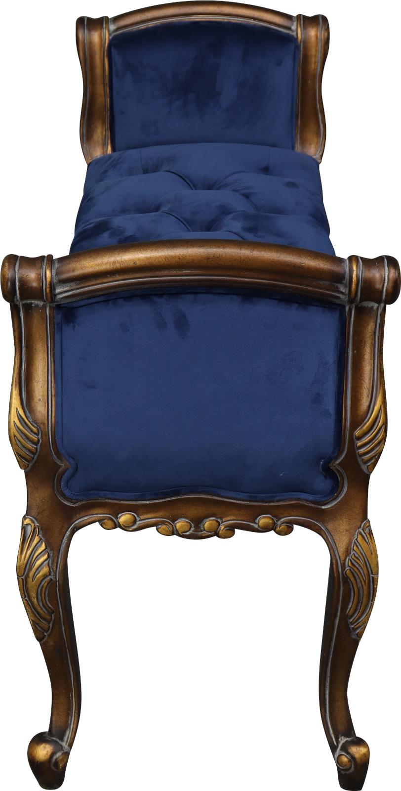 Window Bench French Carved Wood Gold Medallion Blue Velvet Serpentine Arms-Image 3