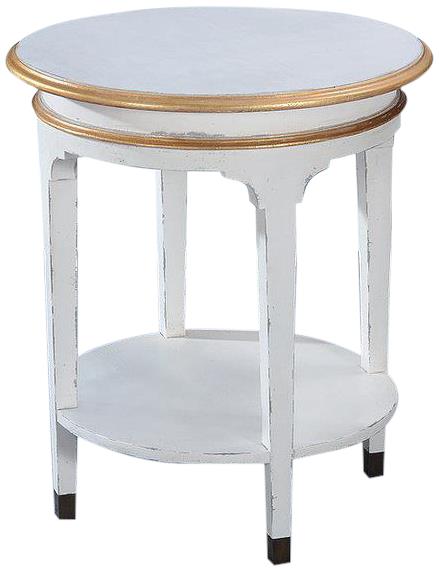 Side Table Vivian Round Antiqued White Gilded Gold Accents Shelf Brass Caps-Image 1