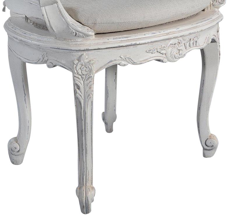 Vanity Chair Antiqued White French Intricate Carved Wood, Cane Back, Sand Linen-Image 2