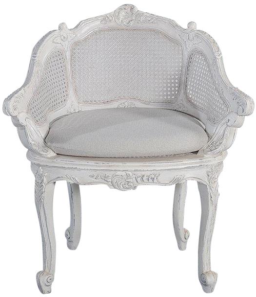 Vanity Chair Antiqued White French Intricate Carved Wood, Cane Back, Sand Linen-Image 3