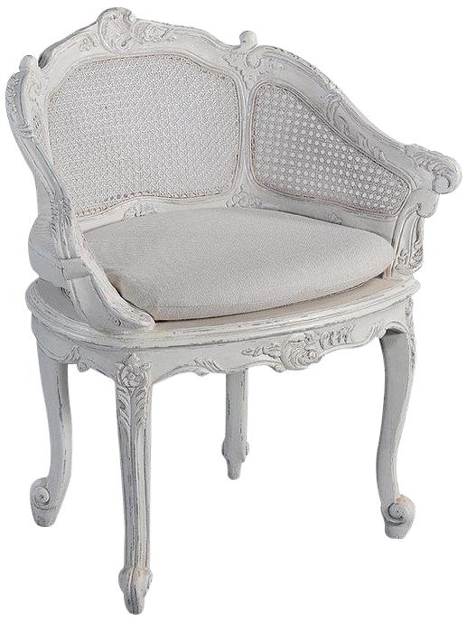 Vanity Chair Antiqued White French Intricate Carved Wood, Cane Back, Sand Linen-Image 6