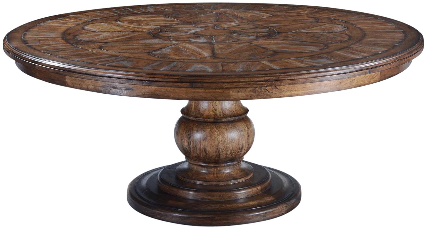 Dining Table Catalan Round 6-Ft Parquet Top Pedestal Base Wood Rustic Pecan -Image 3