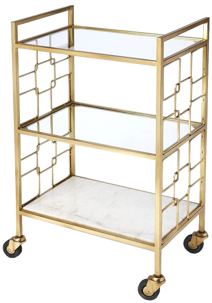 Bar Cart Modern Contemporary Distressed Polished Gold Shiny Brass White Glass-Image 1