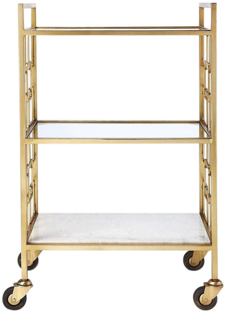 Bar Cart Modern Contemporary Distressed Polished Gold Shiny Brass White Glass-Image 3