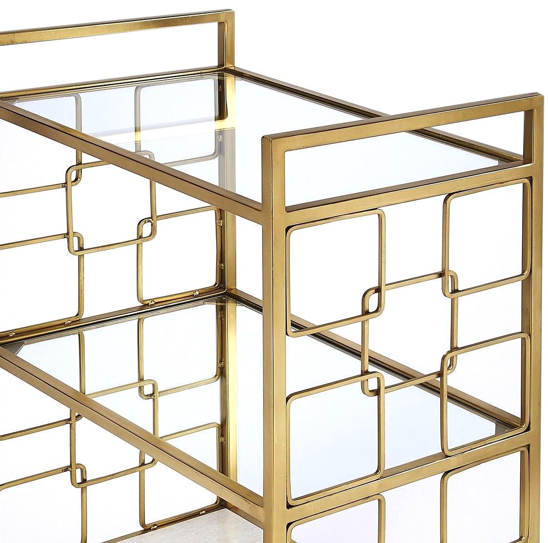 Bar Cart Modern Contemporary Distressed Polished Gold Shiny Brass White Glass-Image 4
