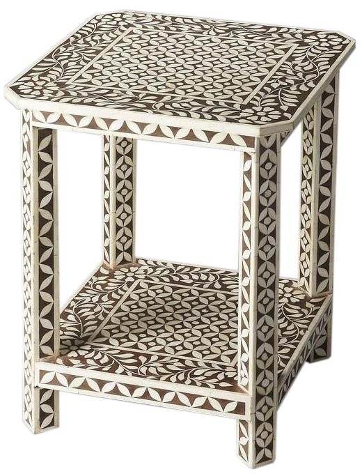 Accent Table Square Brown Distressed Resin Wood Bone Inlay-Image 1