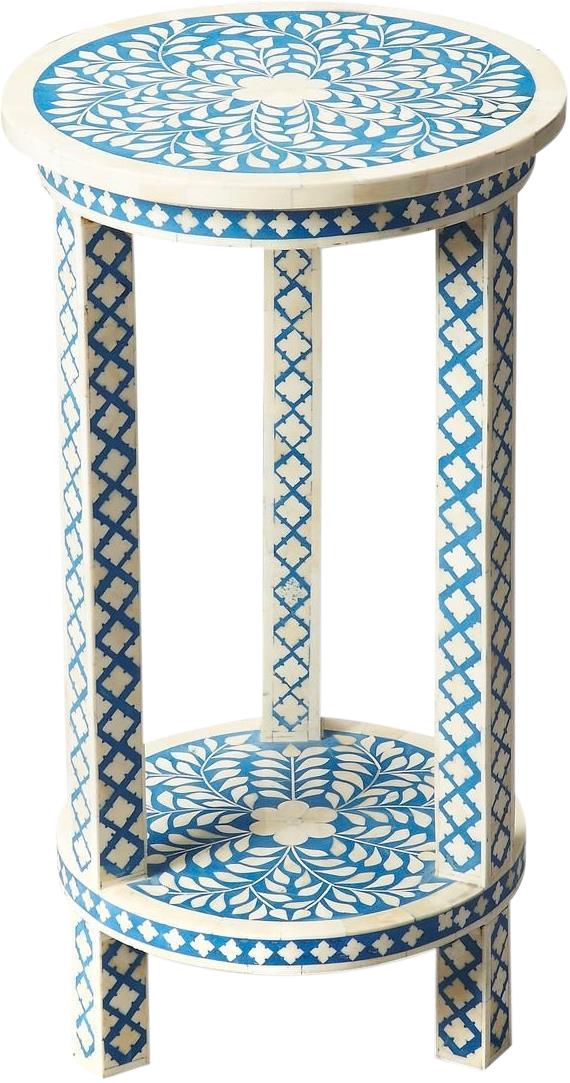 Accent Table Moroccan Round Distressed Heritage Blue Bone Solid Wood Inlay-Image 1