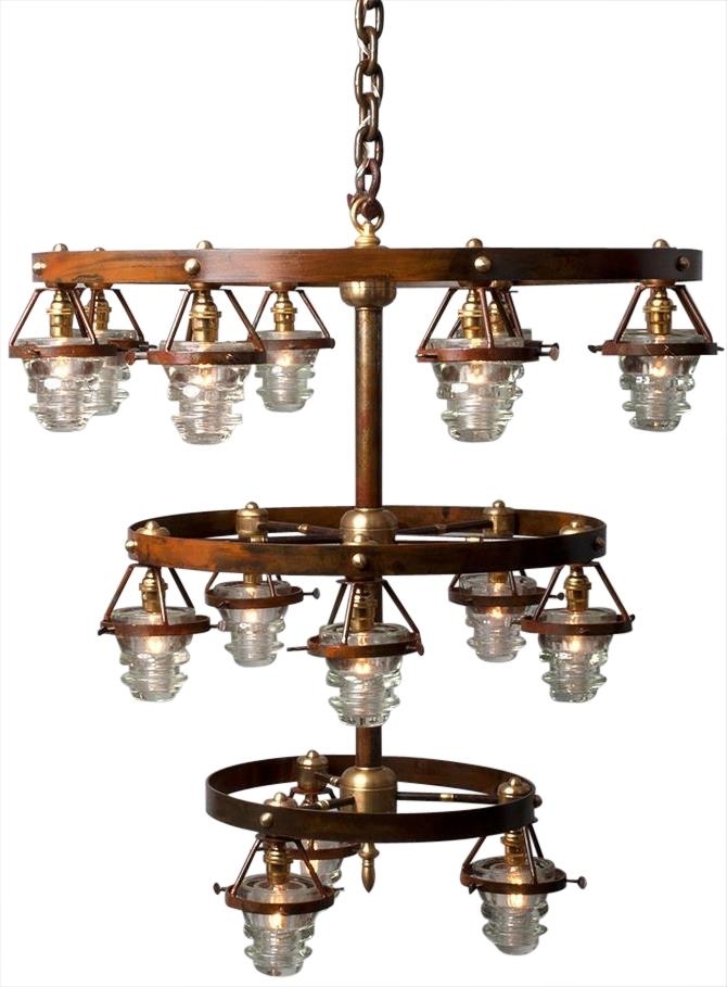 Upcycled Vintage Glass Chandelier, 21 Insulator Lights Clear,Blue, 3-Tier Metal-Image 1