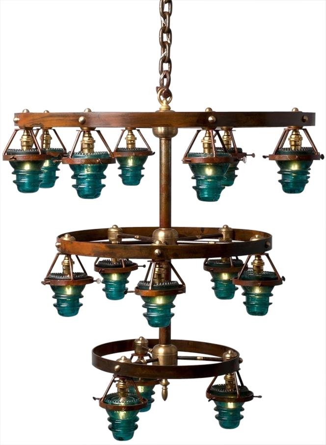 Upcycled Vintage Glass Chandelier, 21 Insulator Lights Clear,Blue, 3-Tier Metal-Image 2