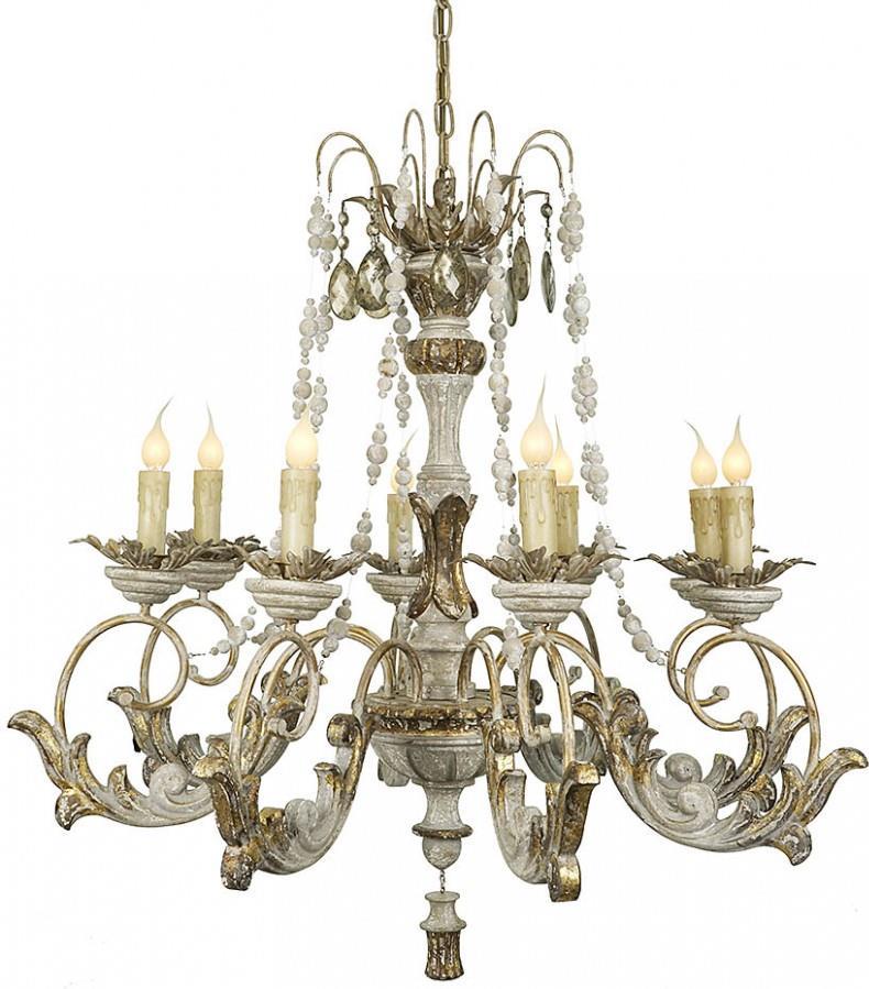 Chandelier Gold Accents Gray Distressed White Wood Carved-Image 1