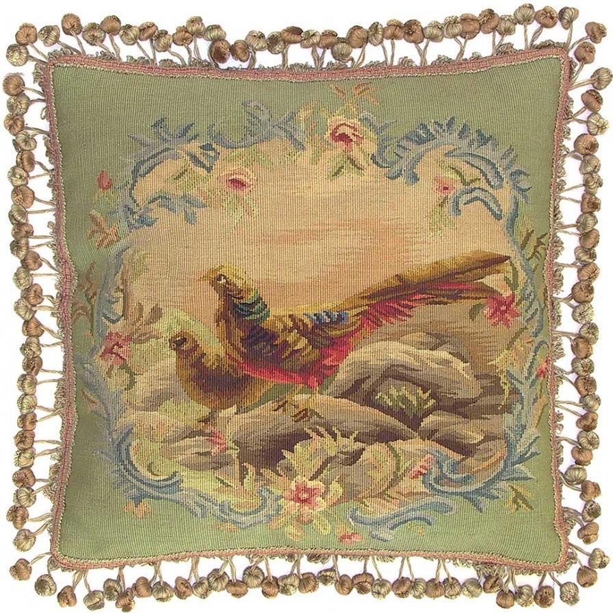 Aubusson Throw Pillow 20x20 Two Pheasants Handwoven Fabric, Blue-Image 1