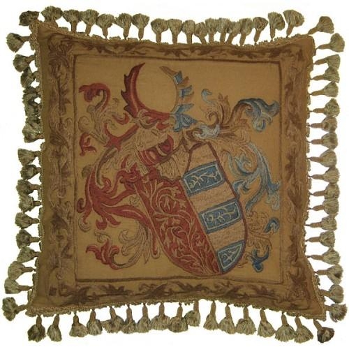 Hand-Embroidered Throw Pillow 21x21 Heraldic Shield, Blue,Red,Beige,Brown-Image 1