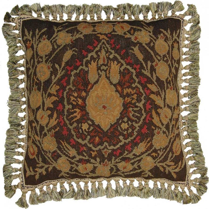 Aubusson Throw Pillow 22x22 Handwoven Wool Abstract Flowers Red,Brown-Image 1