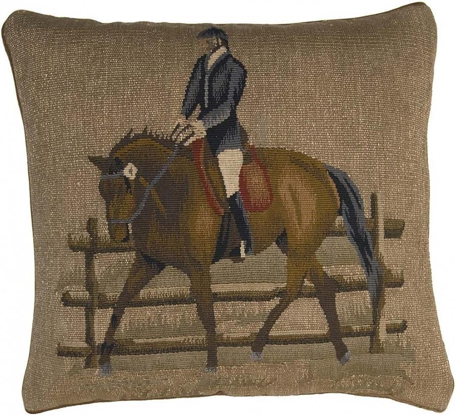 Throw Pillow Aubusson Equestrian 20x20 Beige Bronze Olive Green Velvet Velour-Image 1