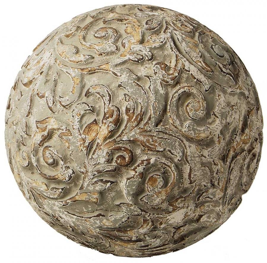 Decorative Ball Round Distressed Antique Gray White Wood Hand-Carved Carv-Image 1