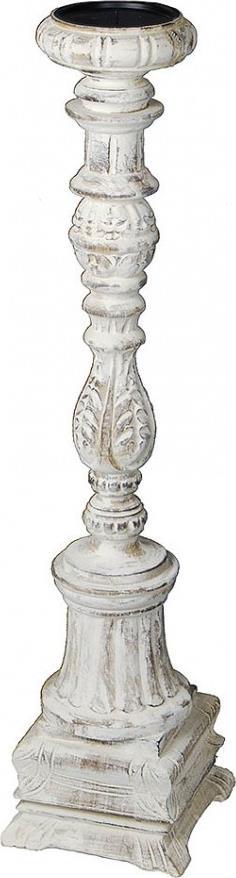 Candleholder Candlestick Distressed Antique White Wood Hand-Carved Carved-Image 1