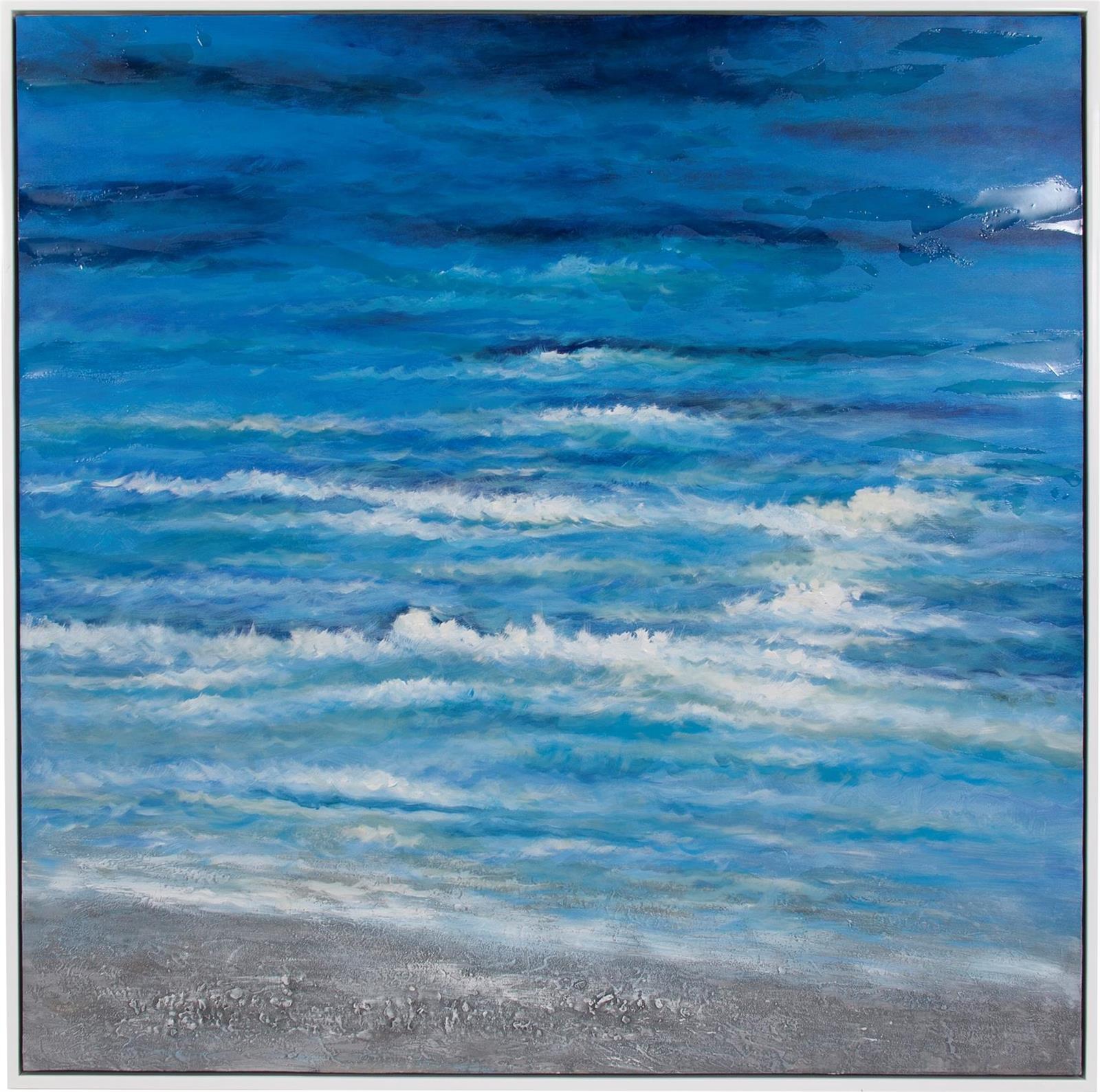 Original Art Painting HOWARD ELLIOTT Calm Sea Blue Textured Paint White Frame-Image 1