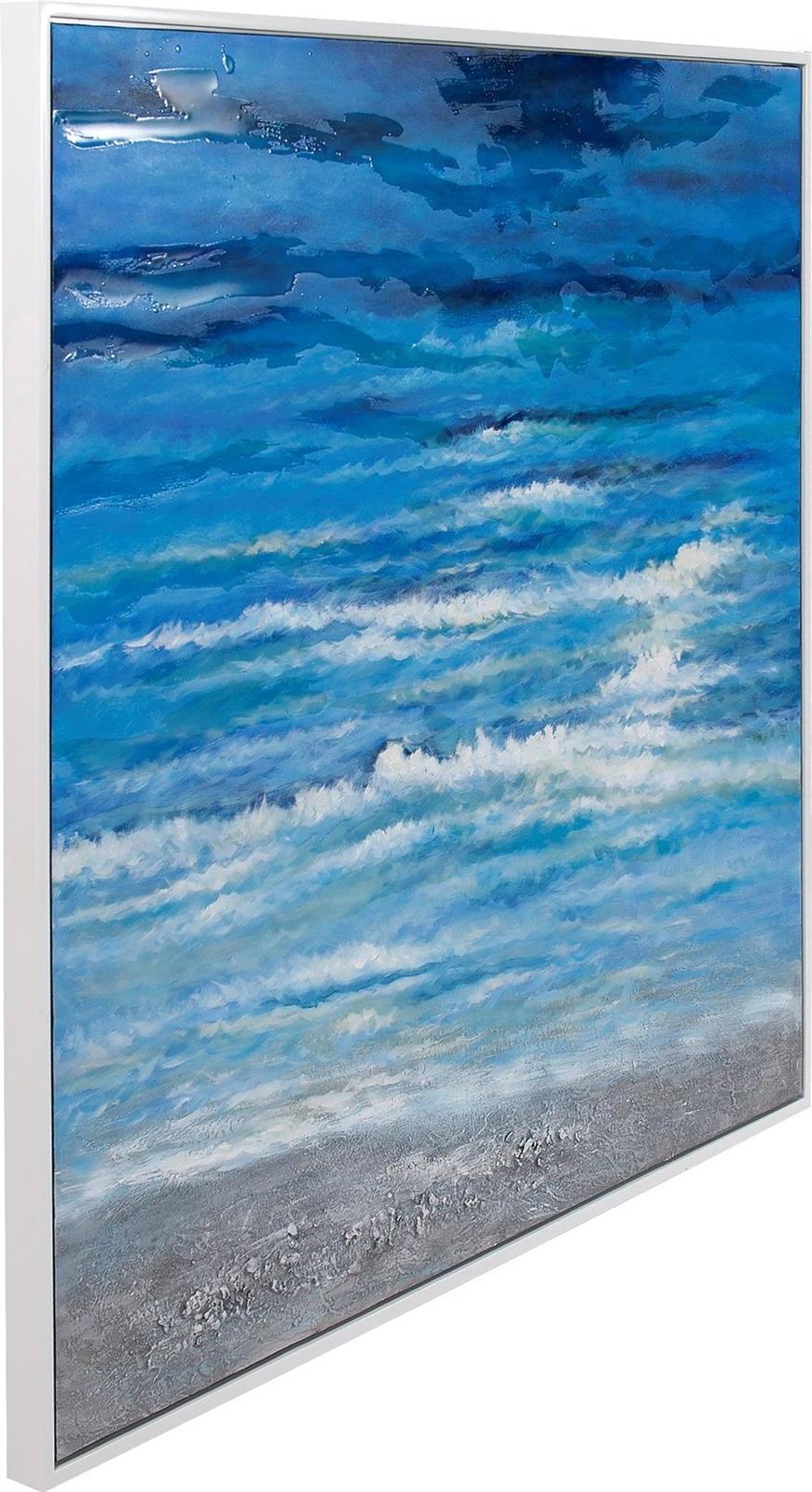 Original Art Painting HOWARD ELLIOTT Calm Sea Blue Textured Paint White Frame-Image 2