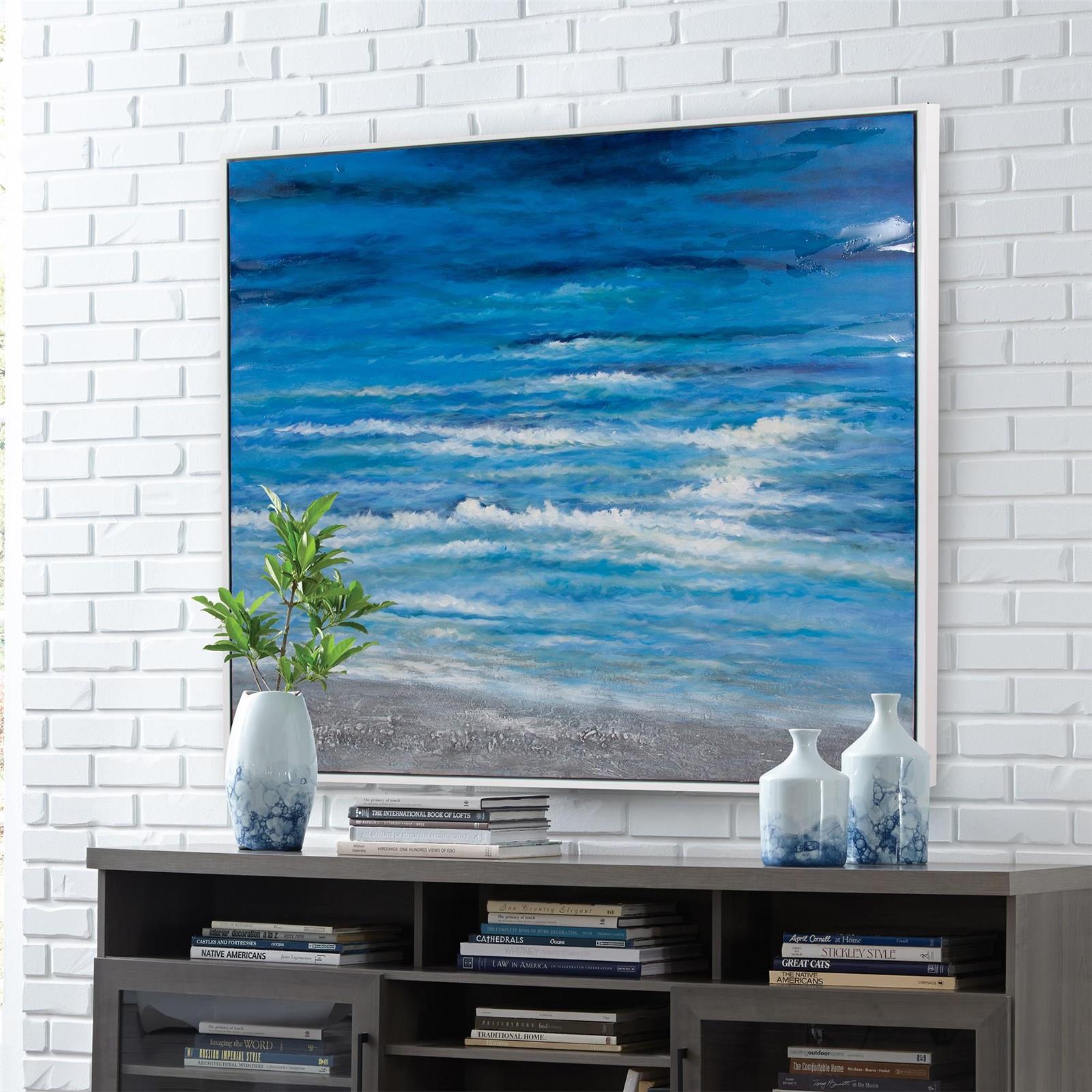 Original Art Painting HOWARD ELLIOTT Calm Sea Blue Textured Paint White Frame-Image 6