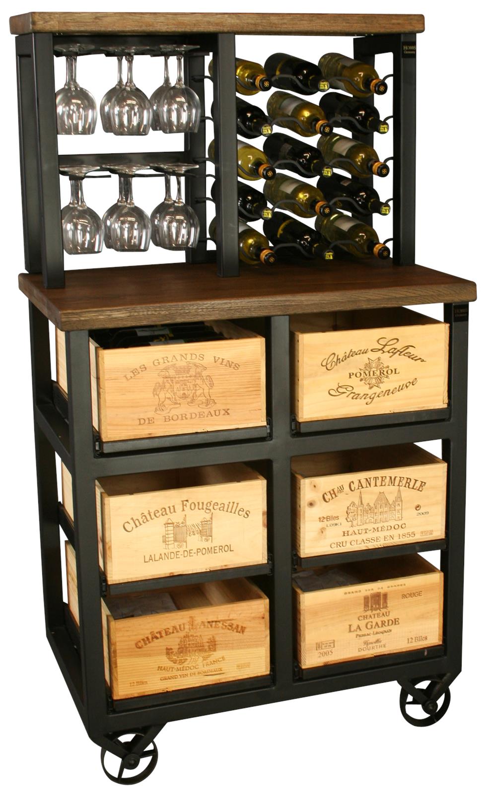 Hobbs Germany Bar Cabinet Wine Rack Glasses, Bordeaux Crates, Walnut, Wheels-Image 1