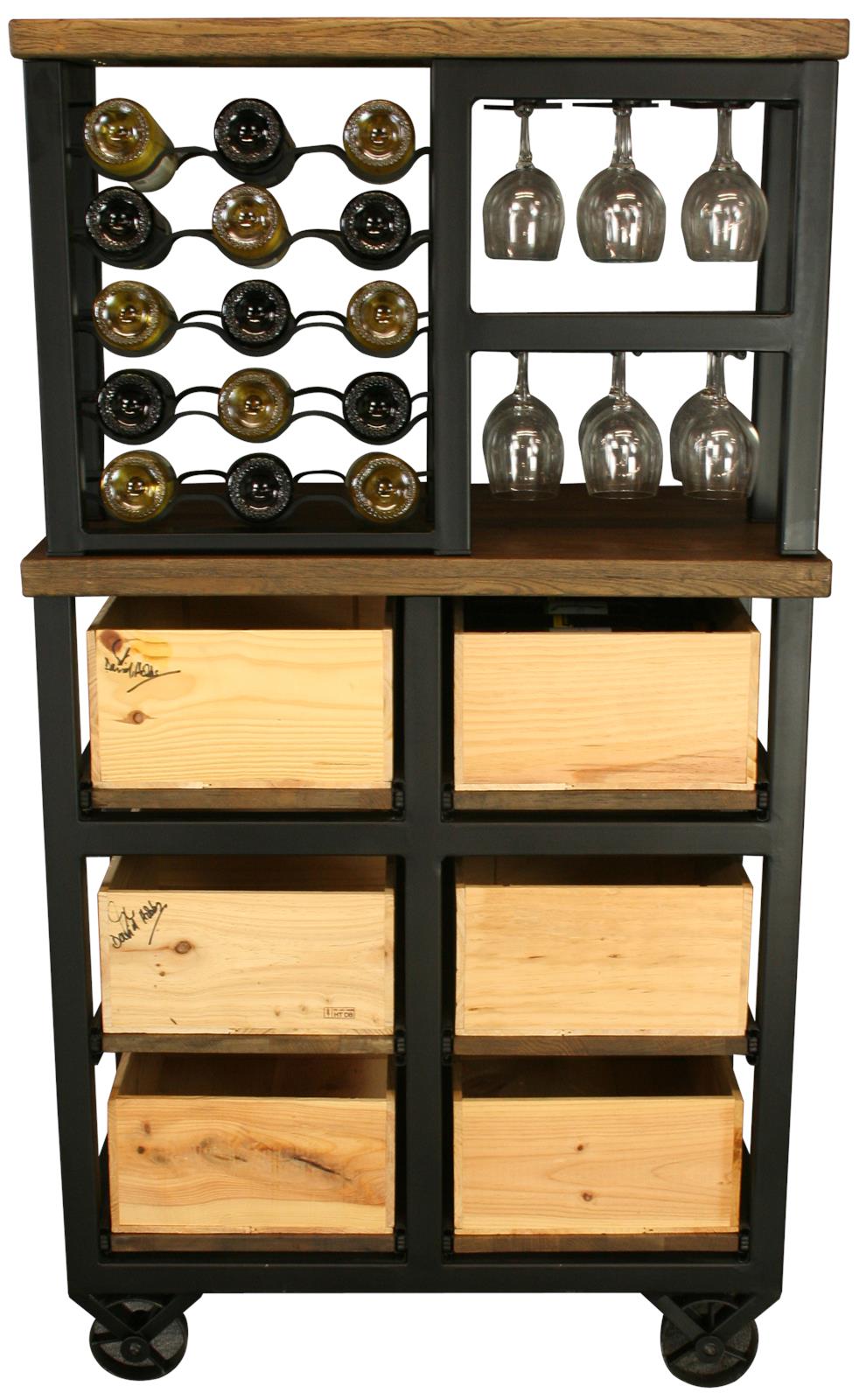 Hobbs Germany Bar Cabinet Wine Rack Glasses, Bordeaux Crates, Walnut, Wheels-Image 3