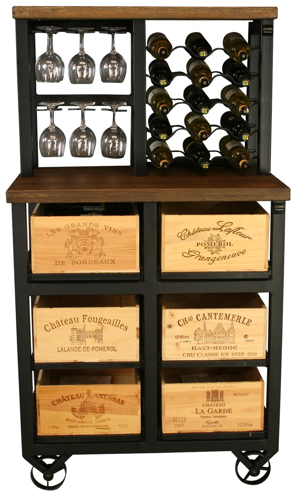 Hobbs Germany Bar Cabinet Wine Rack Glasses, Bordeaux Crates, Walnut, Wheels-Image 5