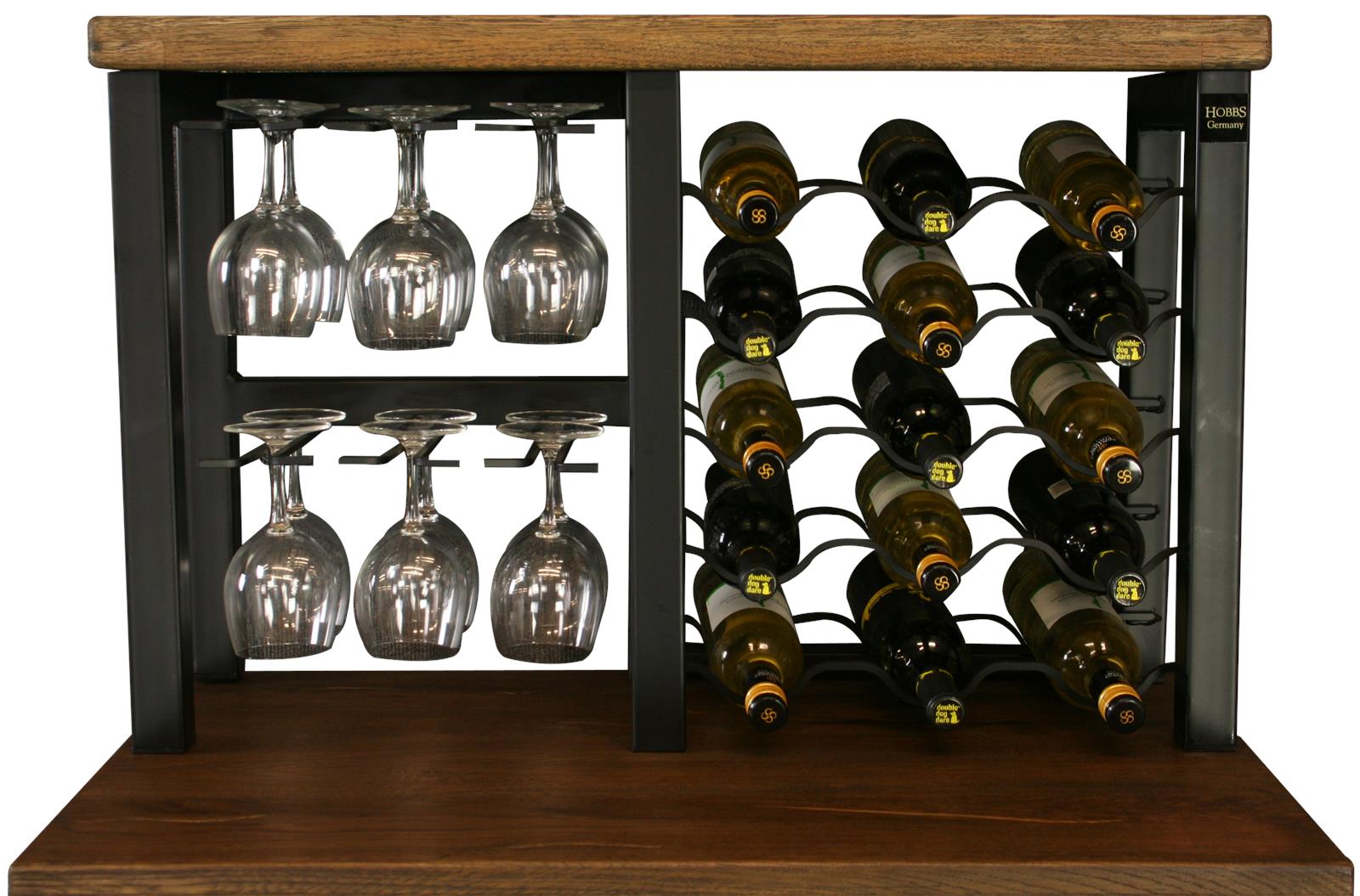Hobbs Germany Bar Cabinet Wine Rack Glasses, Bordeaux Crates, Walnut, Wheels-Image 7