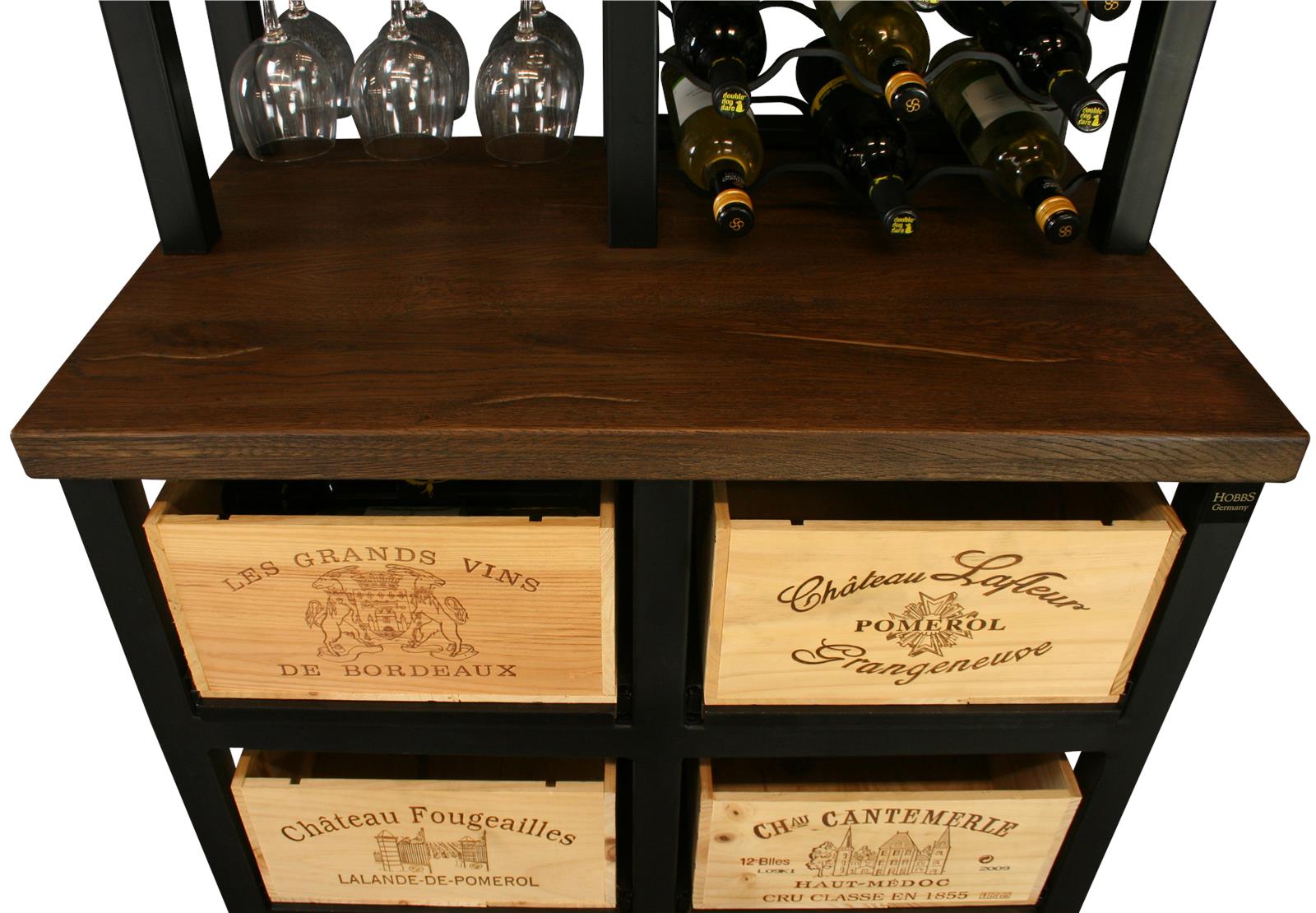 Hobbs Germany Bar Cabinet Wine Rack Glasses, Bordeaux Crates, Walnut, Wheels-Image 10