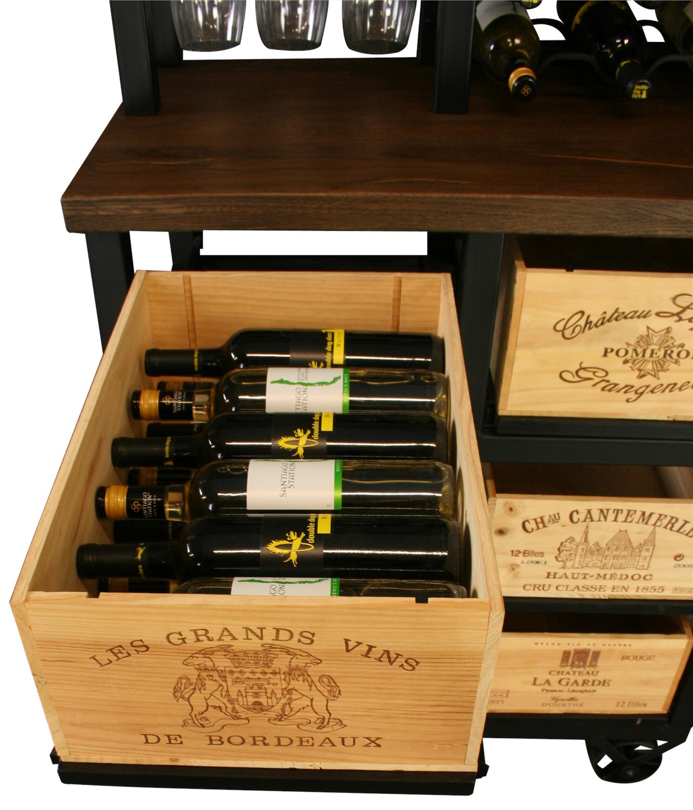 Hobbs Germany Bar Cabinet Wine Rack Glasses, Bordeaux Crates, Walnut, Wheels-Image 11