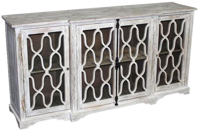 Buffet Sideboard White Wash Distressed Pine Carved 4 -Door-Image 1