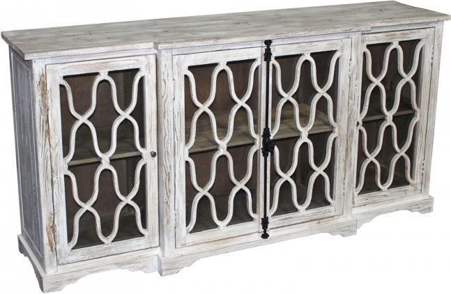 Buffet Sideboard White Wash Distressed Pine Carved 4 -Door-Image 2