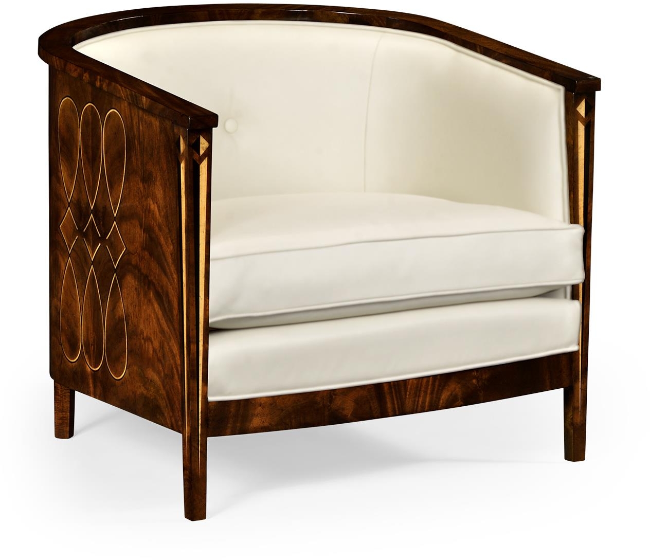 Biedermeier tub chair with sweeping inlays, flamed mahogany veneer, and contrasting satinwood inlays.