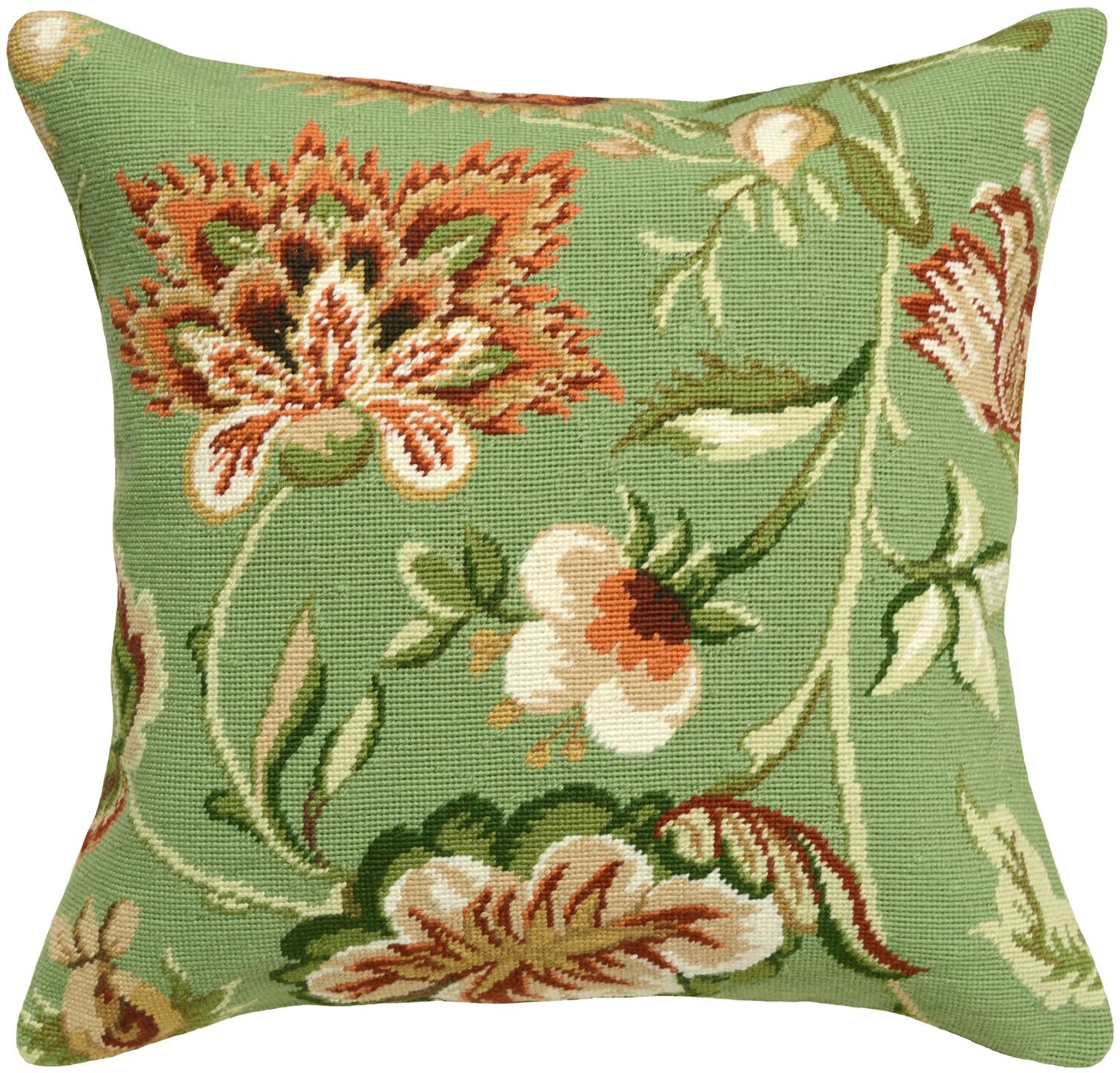 Throw Pillow Jacobean Floral Flowers 20x20 Green Wool Yarn Poly Rayon Insert-Image 1