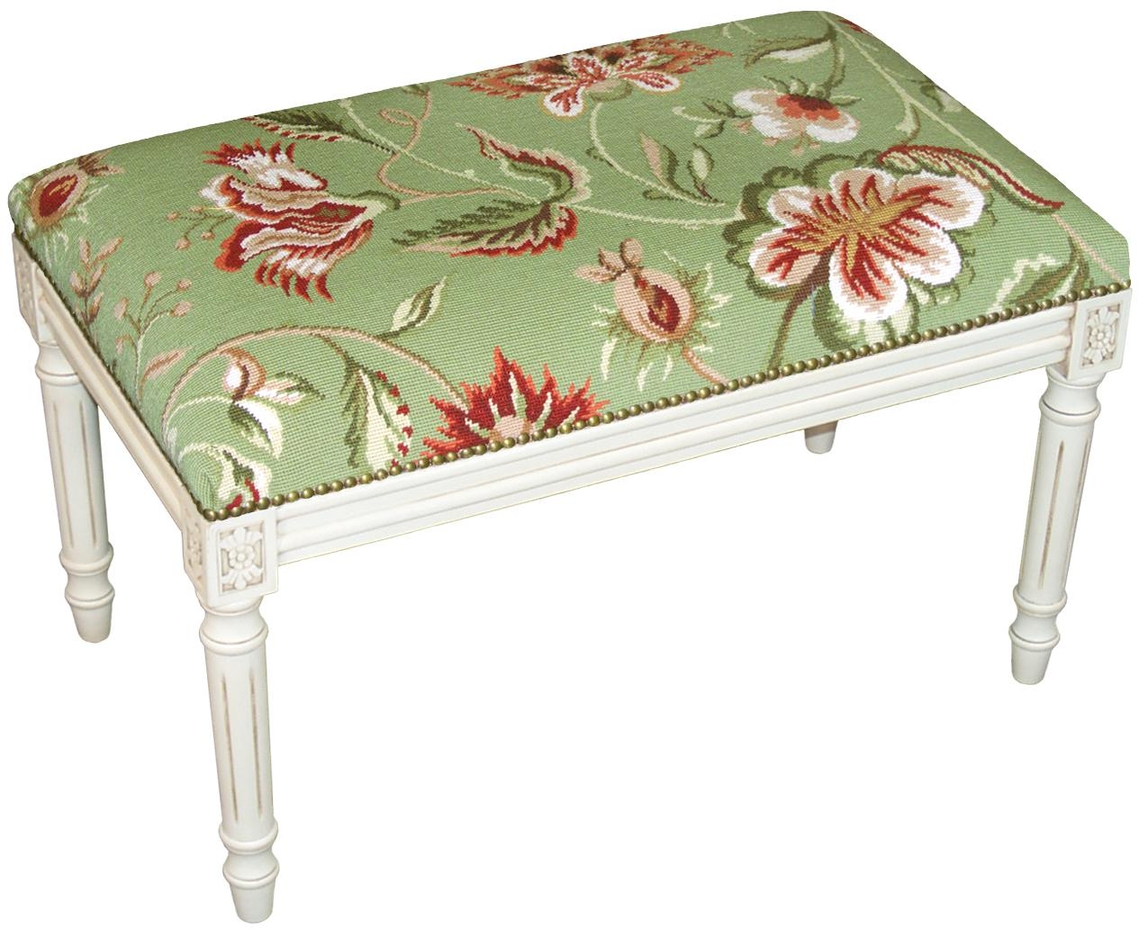 Bench Jacobean Floral Flowers Green Antique White Wash Antiqued Needlepoint-Image 1