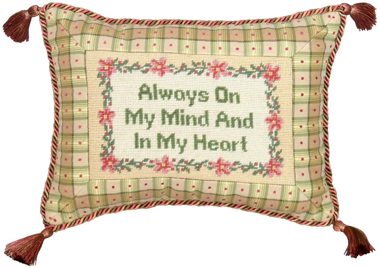 Throw Pillow Always on My Mind 12x9 9x12 Cream Olive Green Wool Yarn Poly Rayon-Image 1
