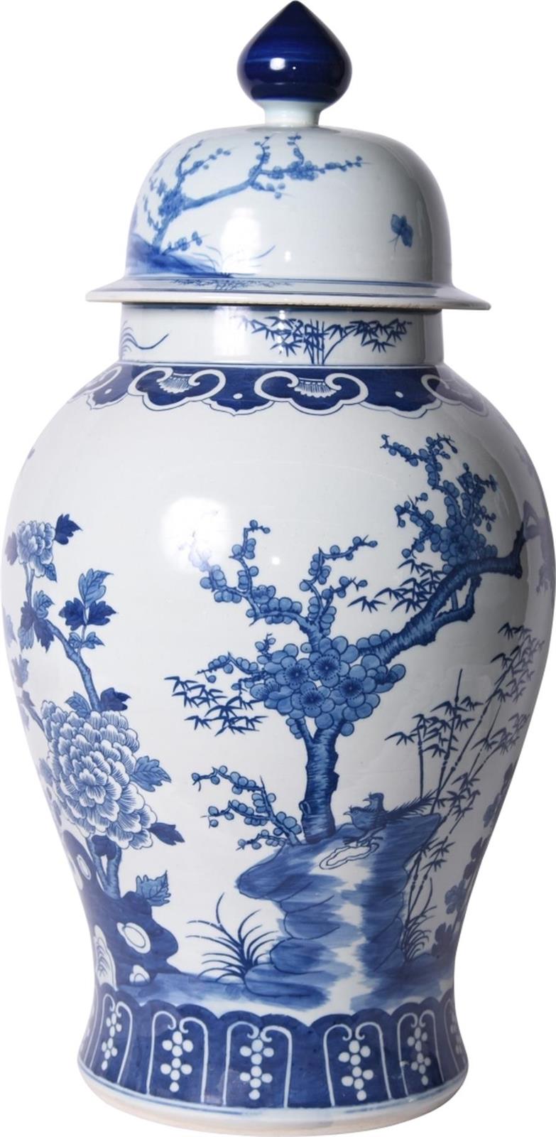 Temple Jar Vase Four Season Plants Large White Blue Porcelain Handmade-Image 1