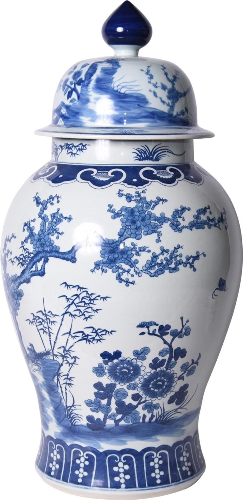 Temple Jar Vase Four Season Plants Large White Blue Porcelain Handmade-Image 2