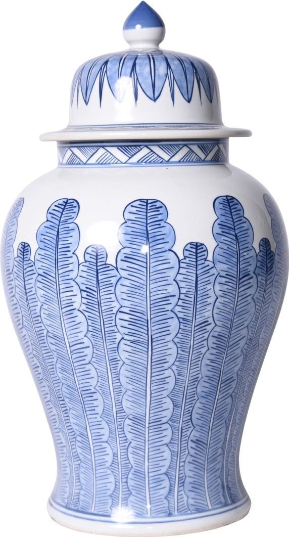 Temple Jar Vase Banana Leaf Motif Blue White Porcelain Handmade Han-Image 1