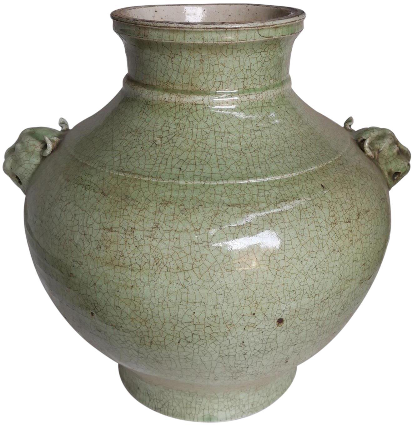 Jar Vase Double Lion Head Handle Celadon Crackled Green Ceramic Handmade-Image 1
