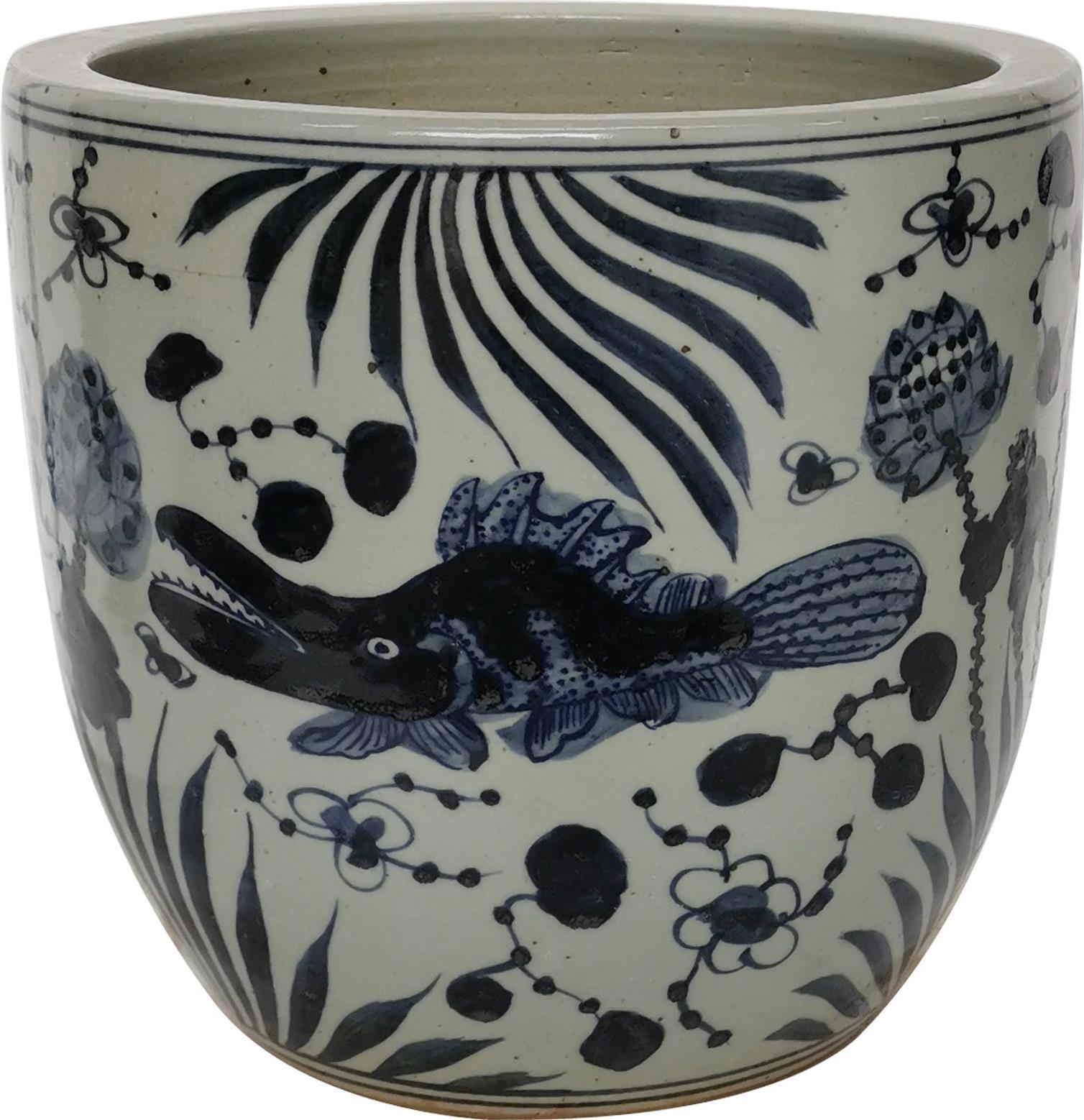Planter Vase Lotus Fish Blue White Porcelain Handmade Hand-Crafted-Image 1